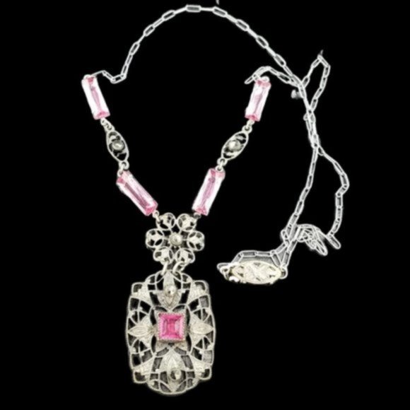 Antique Jewelry - Art Deco Pink Glass Marcasite Filigree Necklace